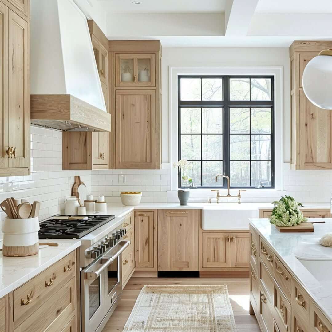 Wood Cabinetry Frames a Grid-Pane Window View