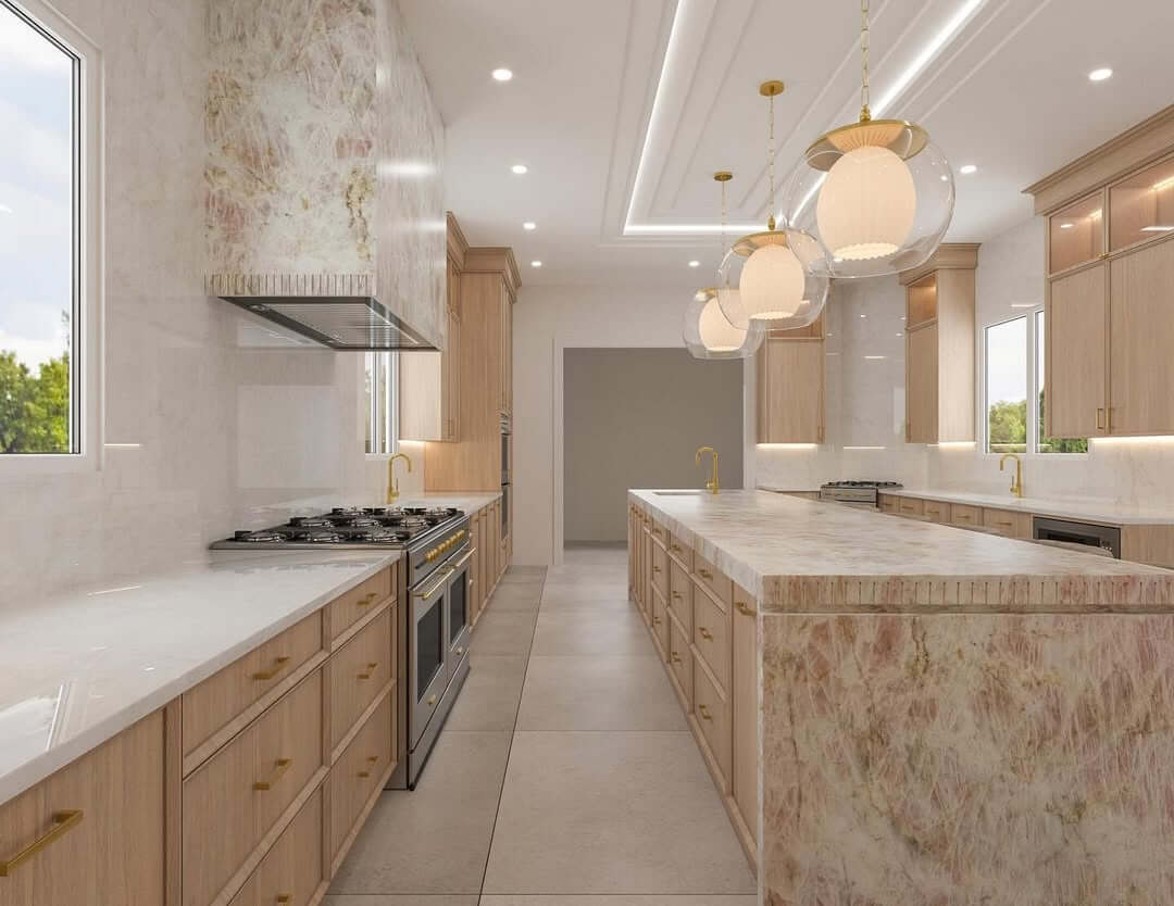 Marble Waterfall Island Meets Natural Wood Cabinetry