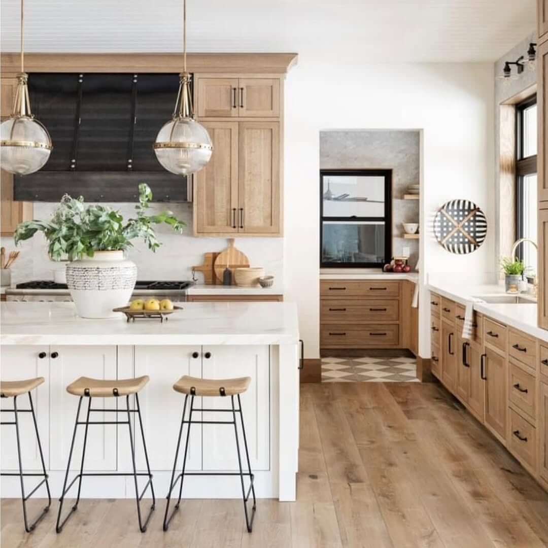 Wooden Canopy Hood Accents Warm White Oak Cabinetry