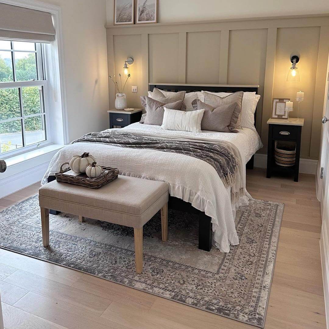 Define Your Zone with a Neutral Patterned Rug Under Bed and Bench