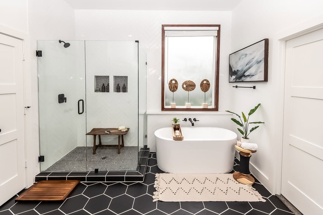 Large Hexagonal Black Tile Floor Creates a Bold Foundation
