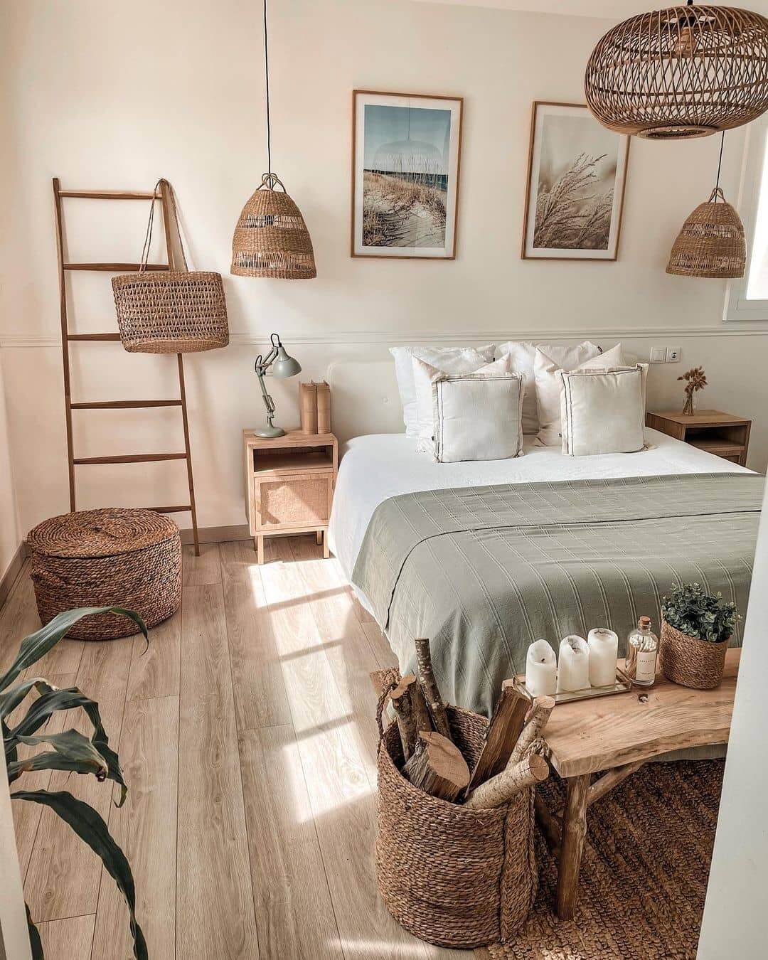 Wooden Ladder Displays Woven Bags for Boho Storage
