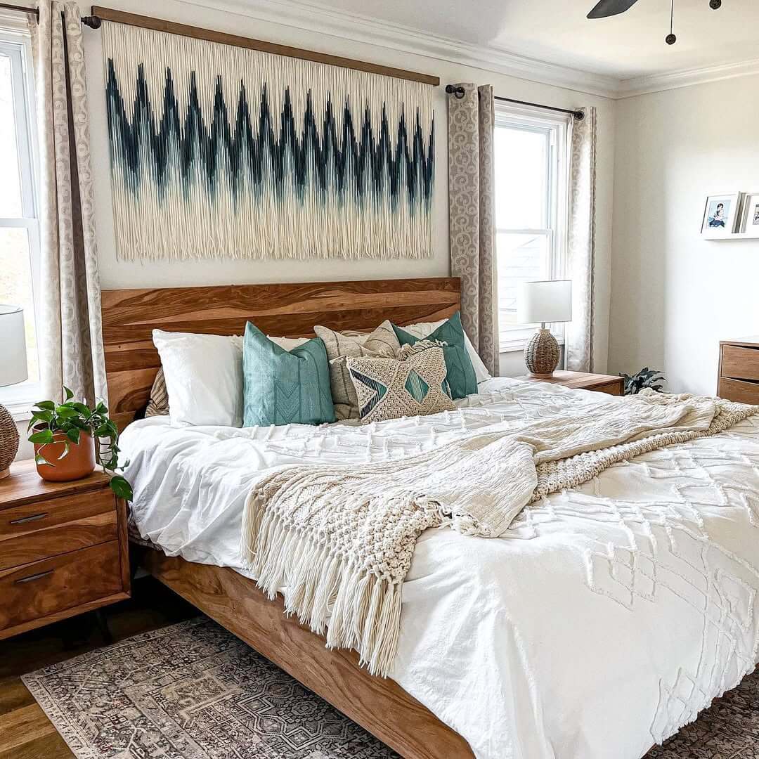 Oversized Macrame Wall Hanging Adds Boho Texture Above Bed