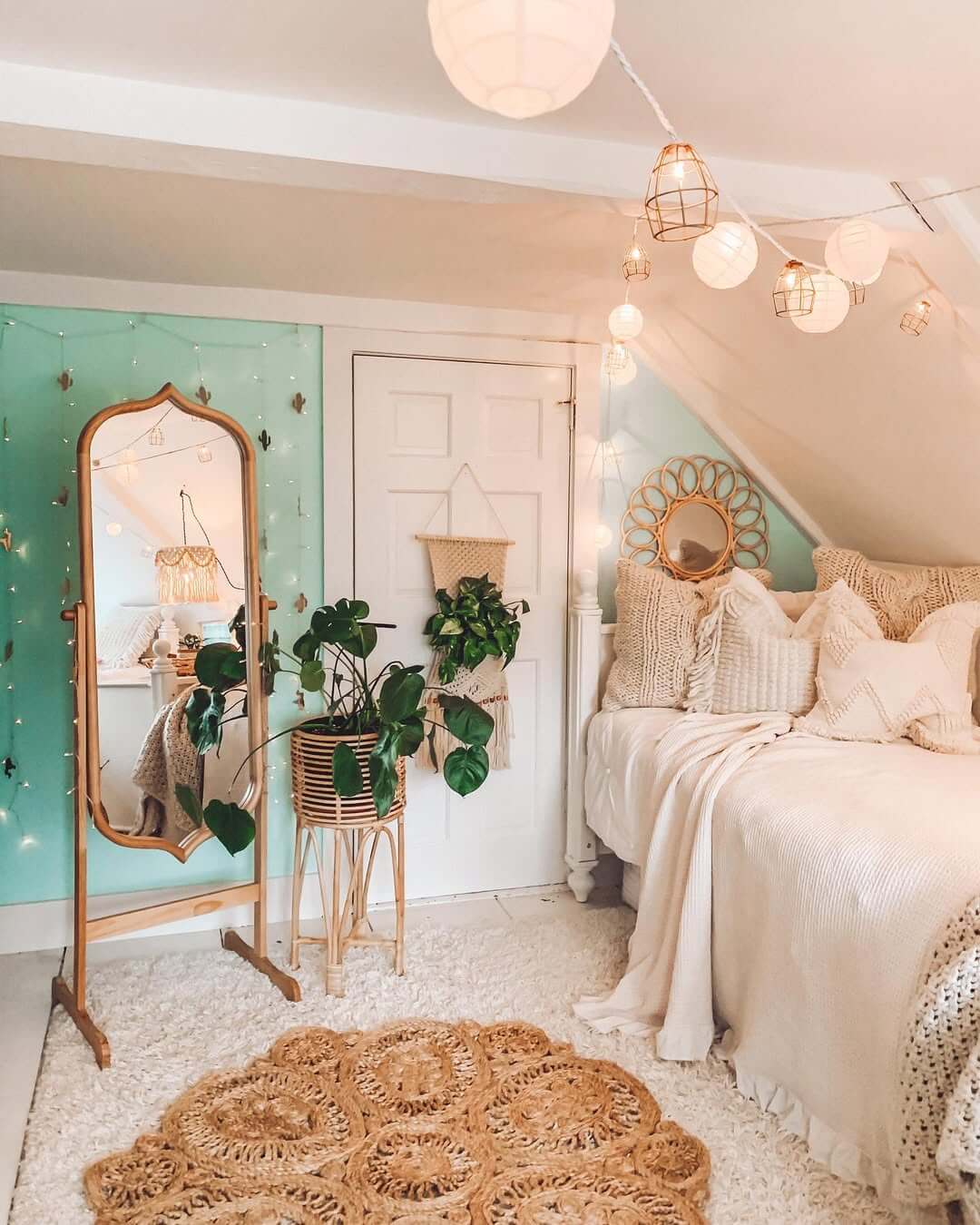 Arched Floor Mirror with Rattan Plant Stand