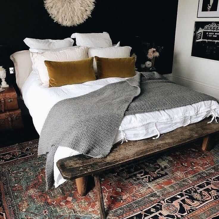Rustic Wooden Bench for Grounding Texture Beside the Bed