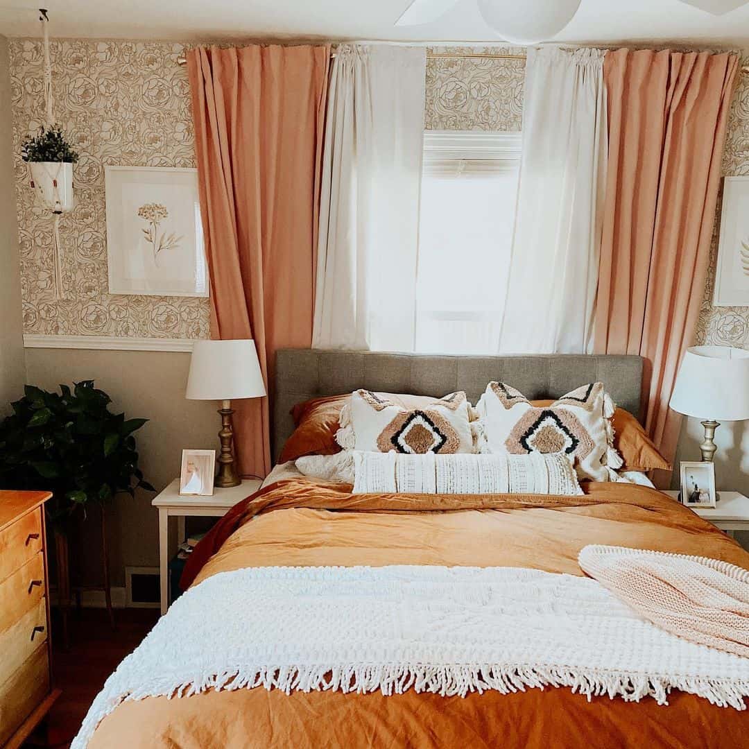 Layer Peachy Pink Drapes Over Sheer Curtains for Soft Light