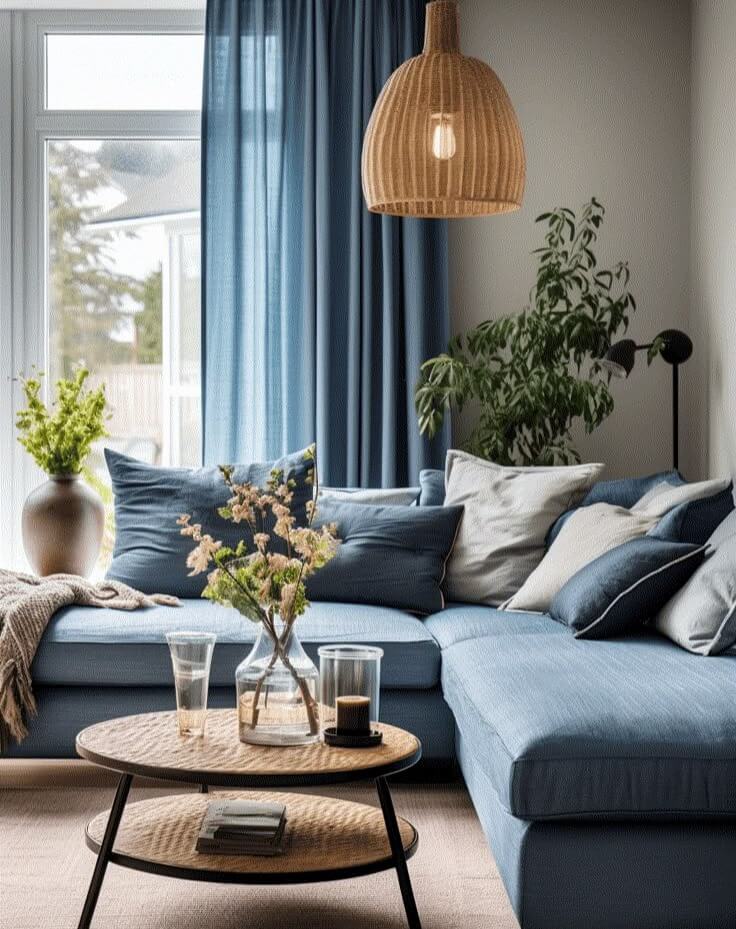 Woven Pendant Light Adds Natural Texture Above Blue Sofa