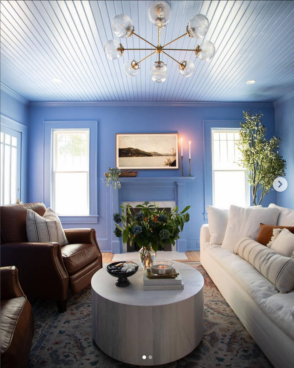 Beaded Ceiling Adds Architectural Interest Above Blue Walls