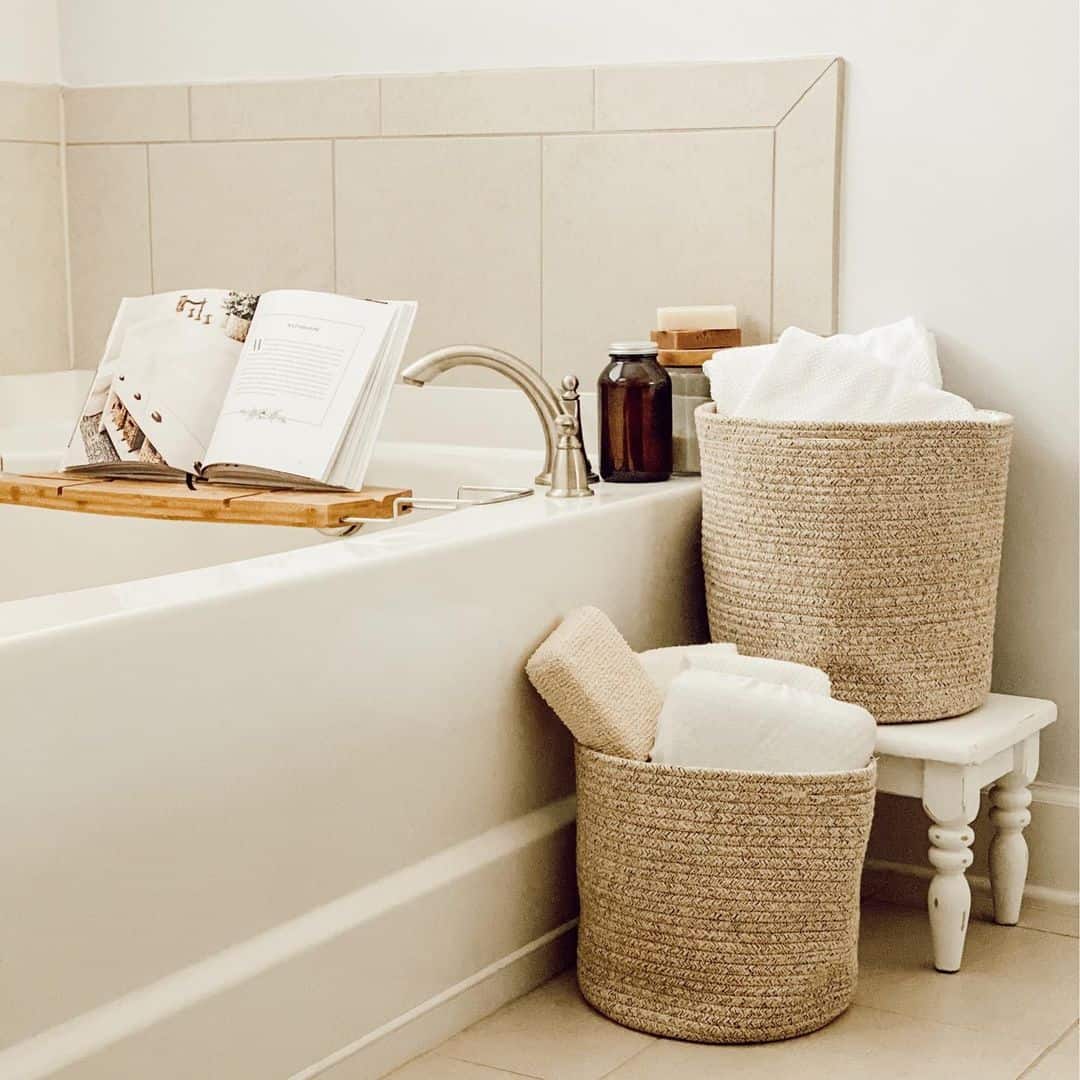 Jute Baskets Store Rolled Towels and Bath Accessories
