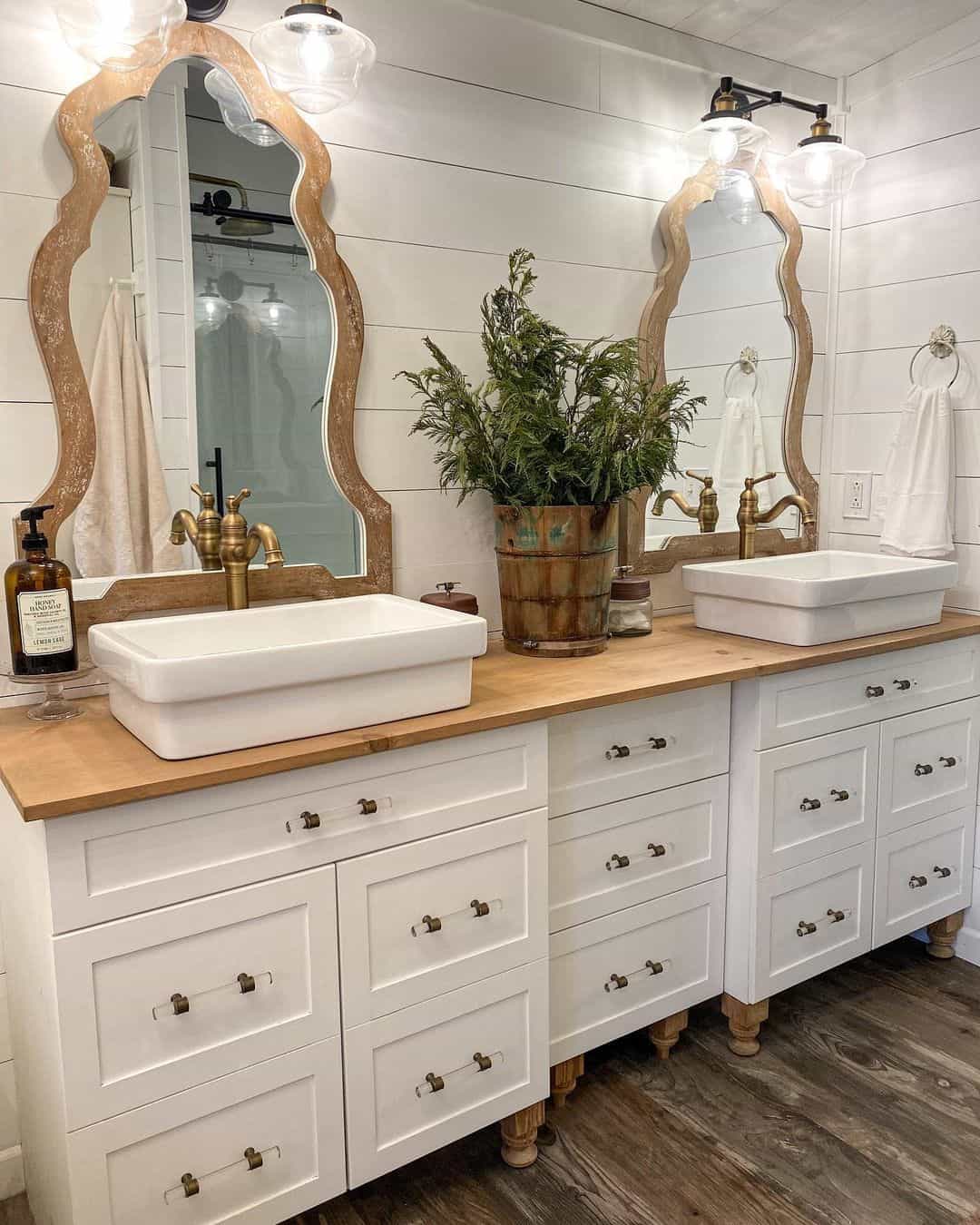 White Shaker Cabinets with Clear and Brass Drawer Pulls