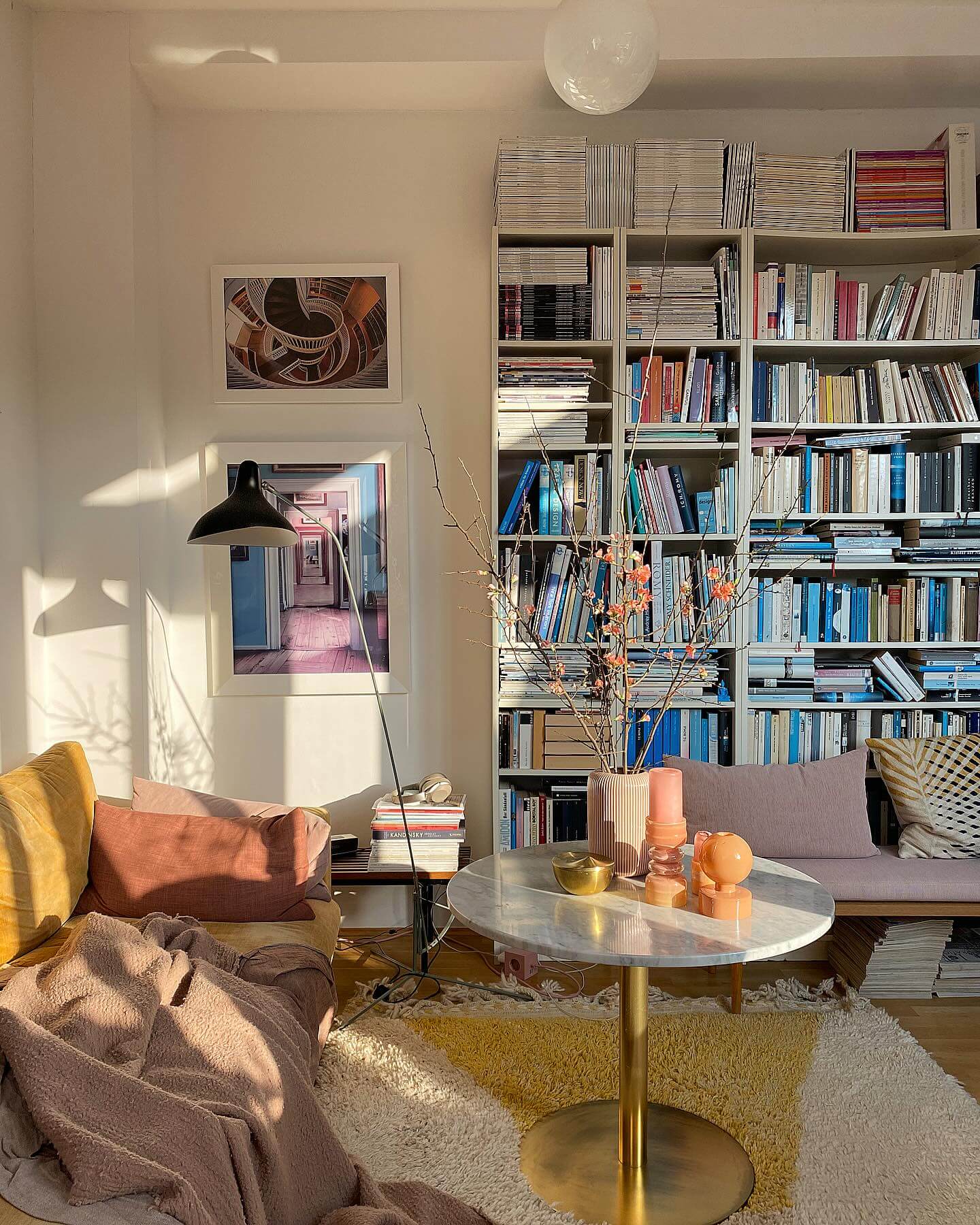 White Bookshelves Filled With Magazines and Books