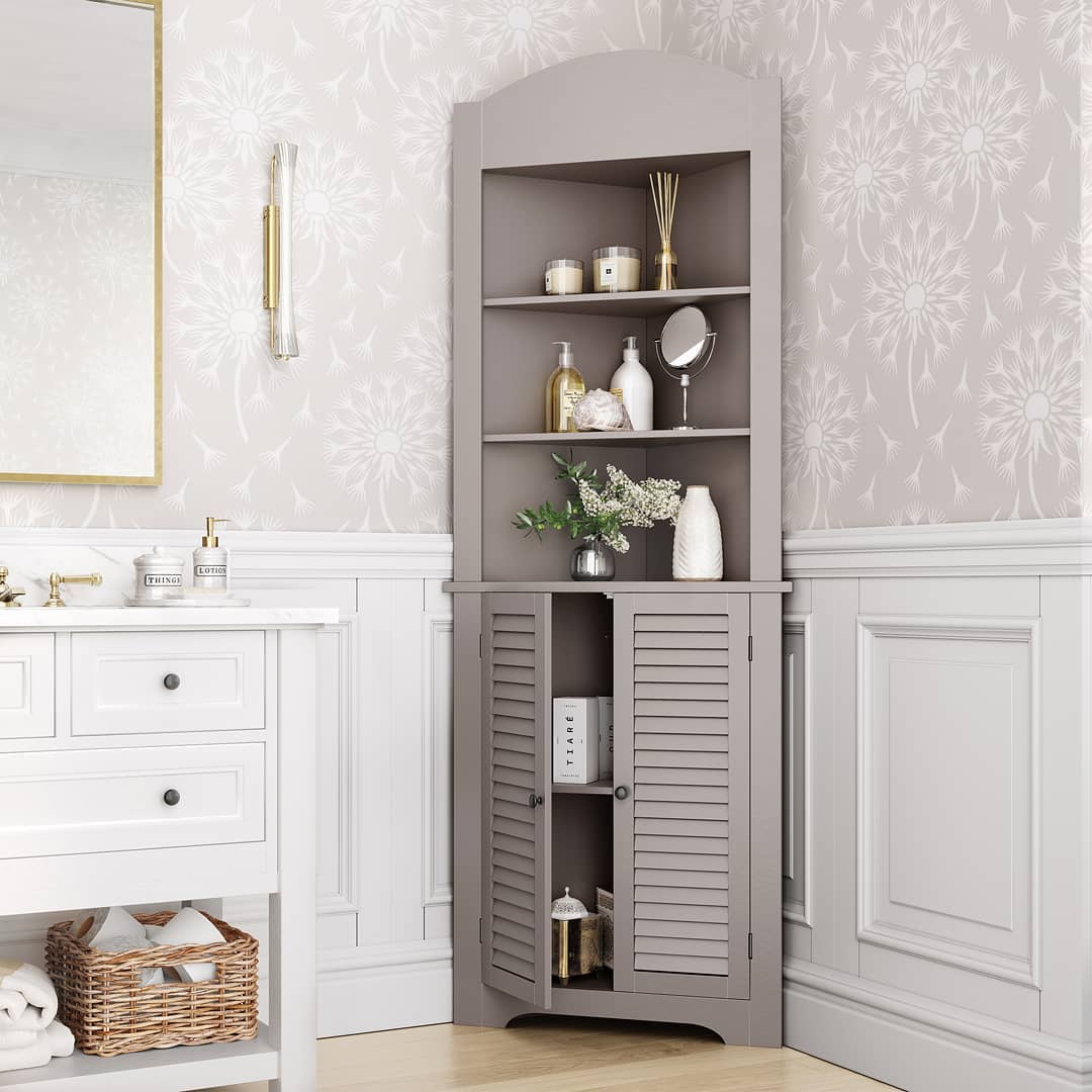 Conceal Bathroom Clutter in a Corner Cabinet