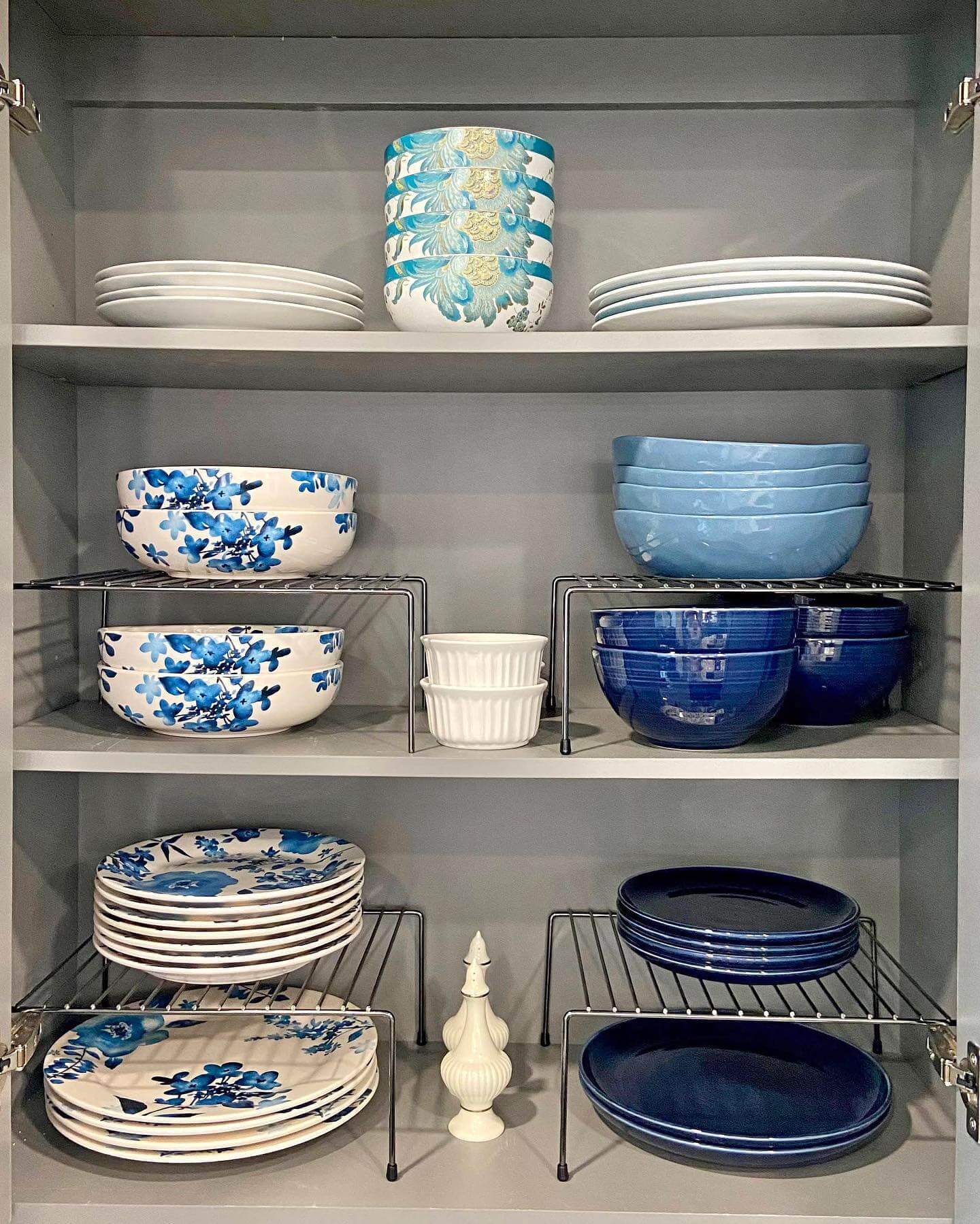 Metal Shelf Risers Create Double-Decker Plate Storage