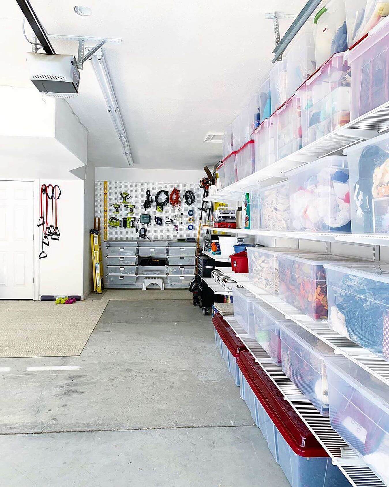 Stack Clear Tubs with Red Lids on Wire Shelving