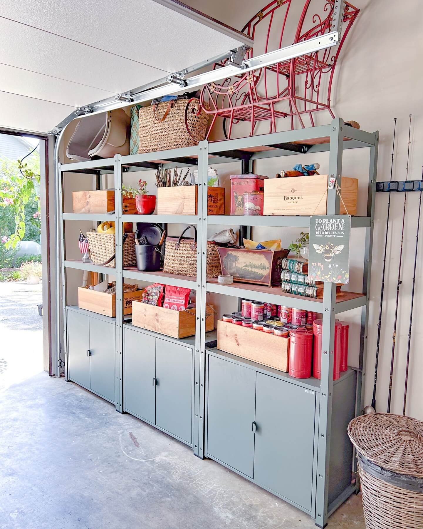 Corral Items in Wooden Crates and Red Tubs
