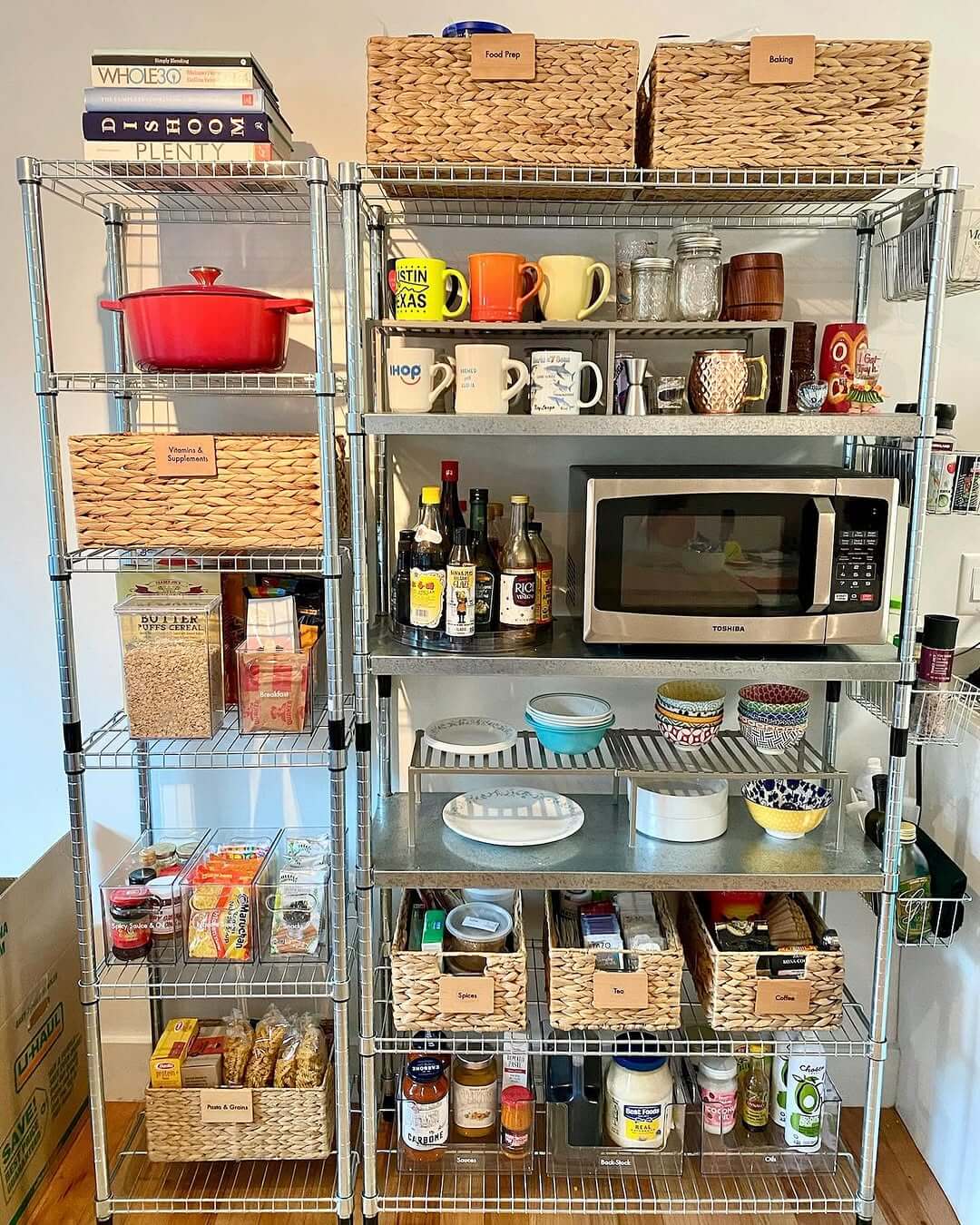 Woven Baskets Organize Pantry Staples by Category