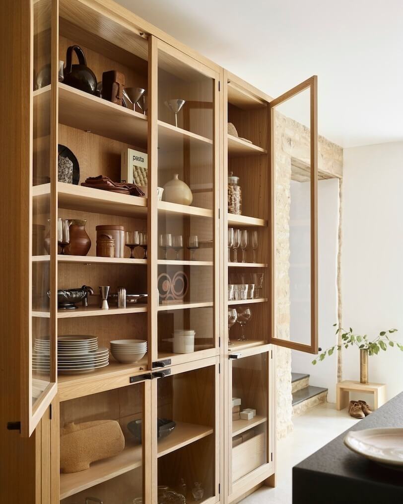 Natural Wood Cabinets With Black Latches Display Kitchenware