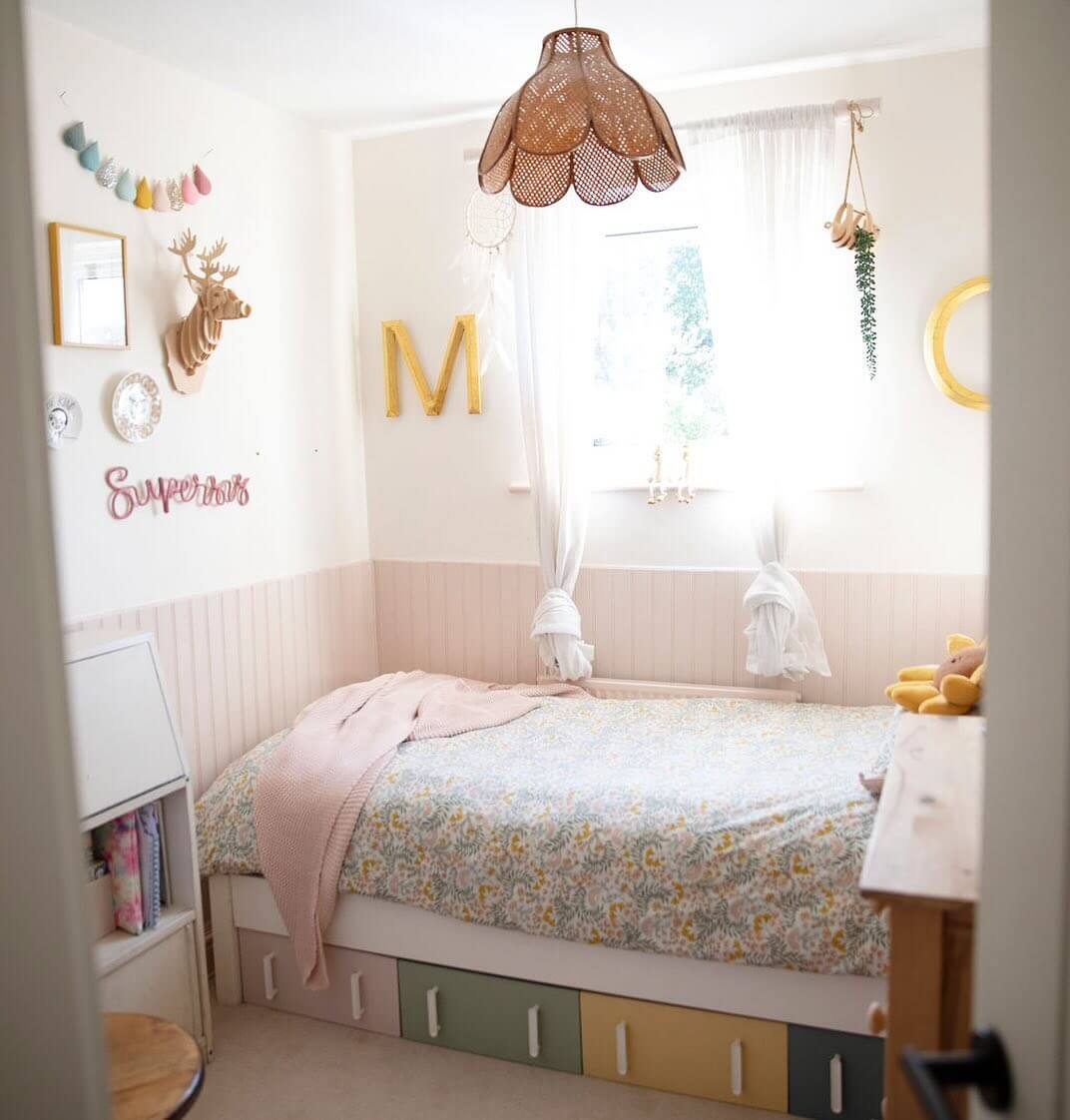 Incorporate Pastel Drawers for Hidden Under-Bed Storage