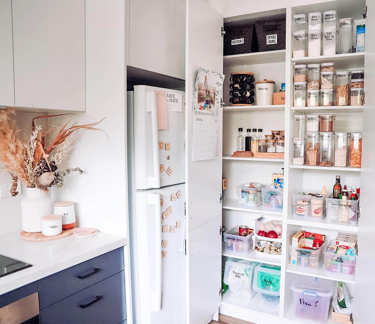 Sort Pantry Items by Type in Clear Bins with Labels