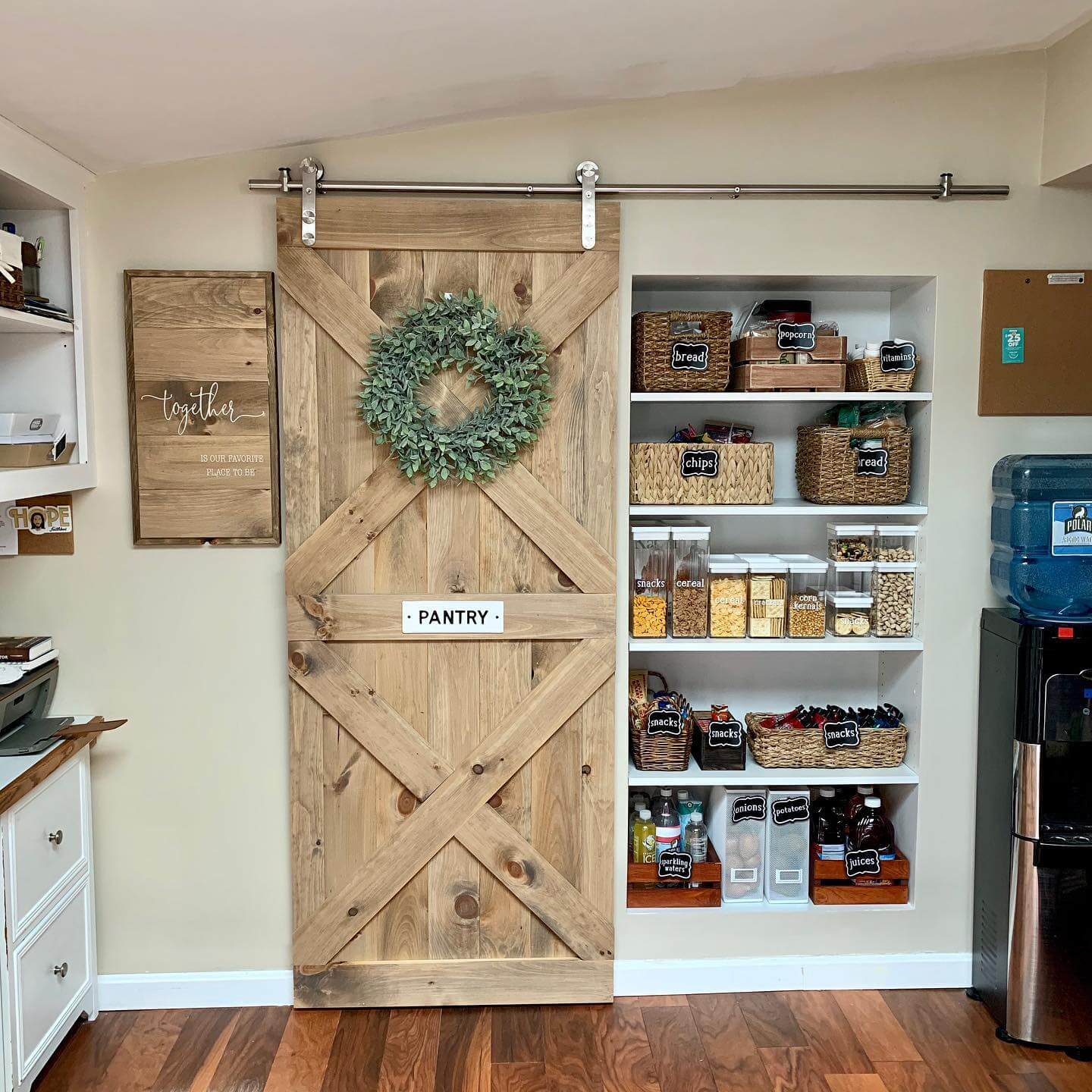 Group Pantry Items with Woven Baskets and Chalkboard Labels
