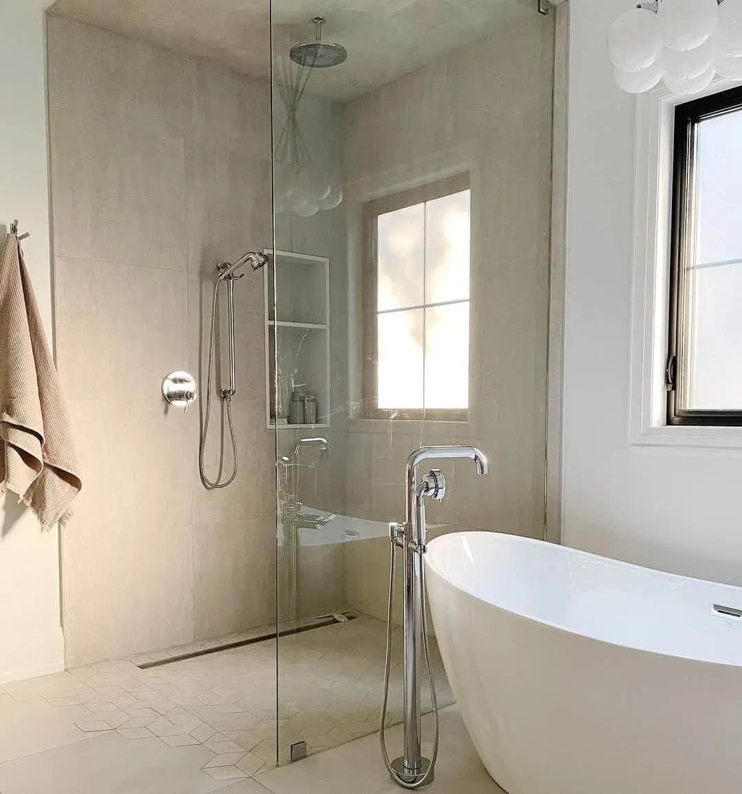 Hexagonal Floor Tiles Add Subtle Pattern to the Shower Floor