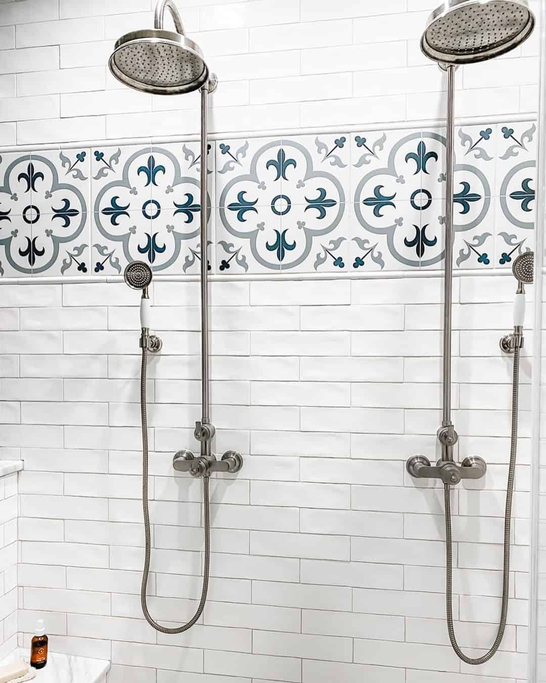 Ornate Tile Band Adds Pattern Above White Subway Tile