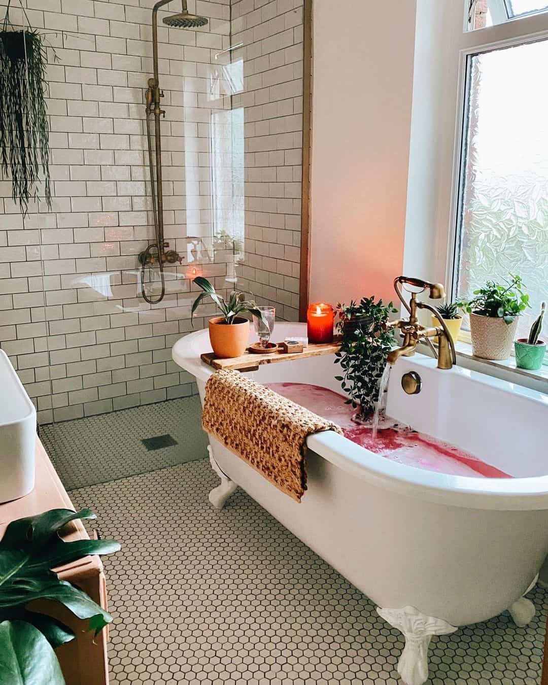 Brass Shower Fixtures Complement White Subway Tile Walls