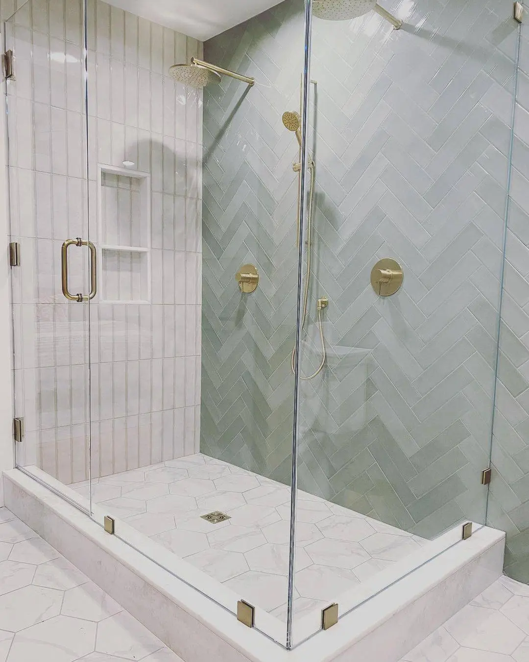 Herringbone Pattern with Pale Green Subway Tile