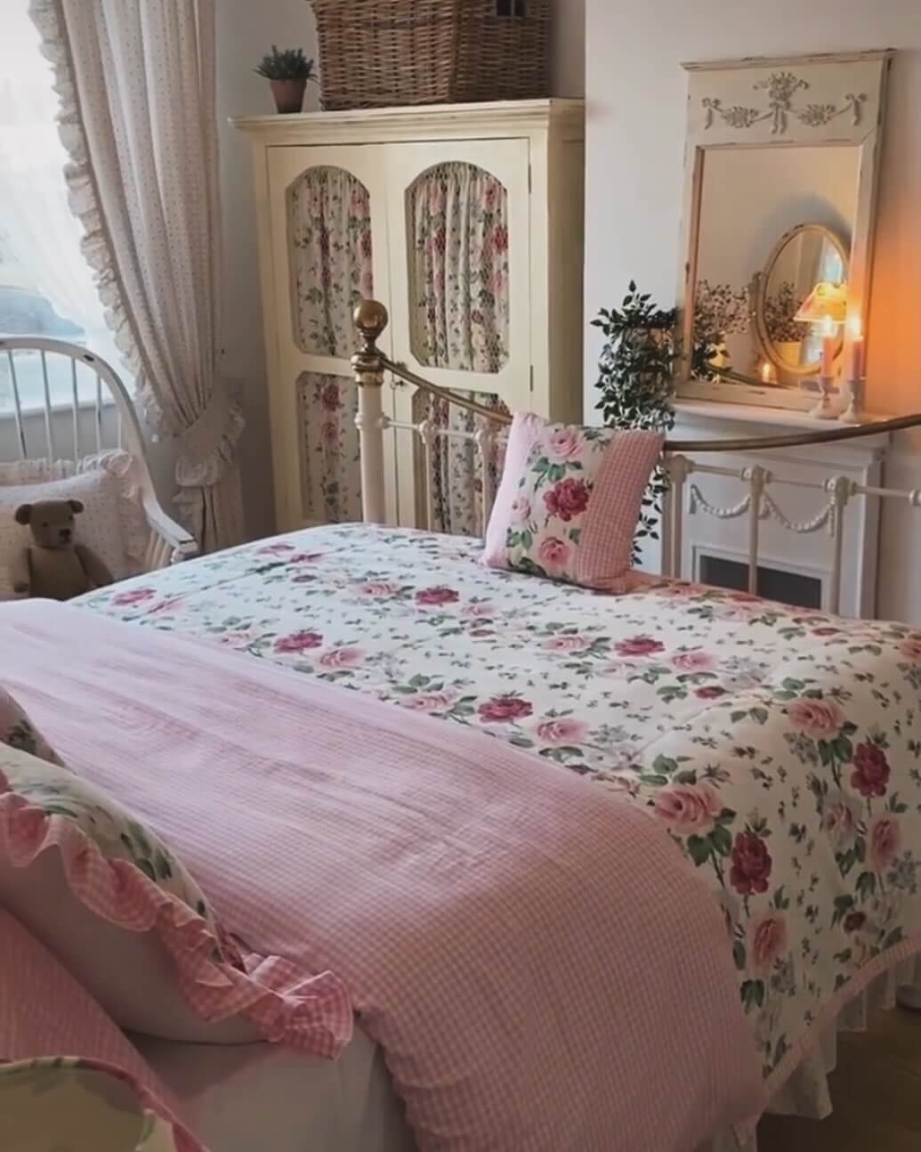 Pink Gingham Bedding Adds a Cozy Layer Over Floral Duvet