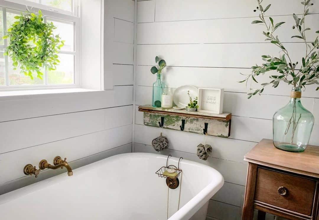 Distressed Shelf with Hooks for Hanging Bath Accessories