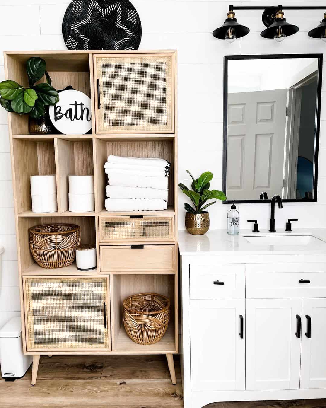 Cane-Fronted Cabinet Adds Natural Texture to Bathroom Storage