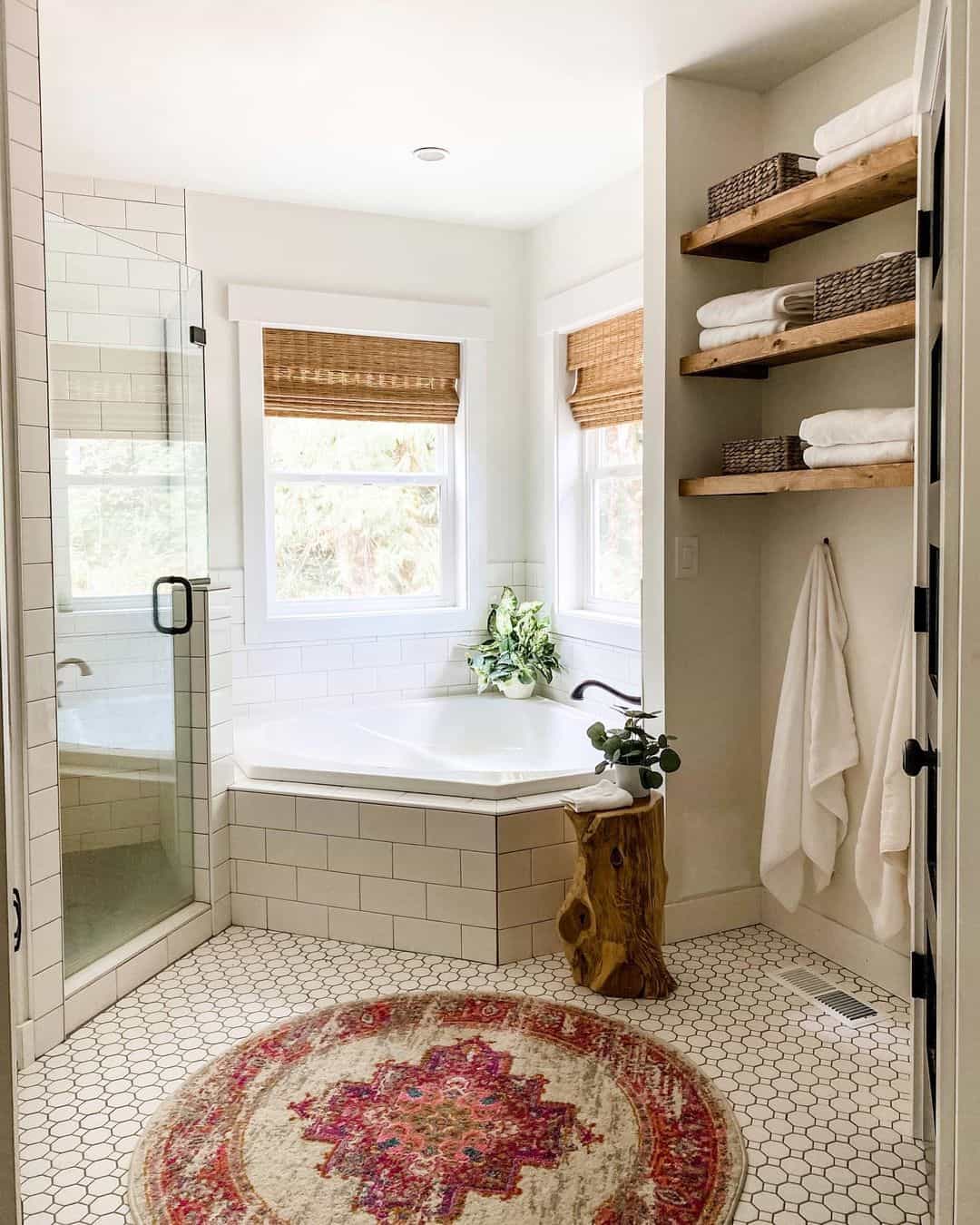 Rustic Wooden Shelves Hold Woven Baskets and Folded Towels