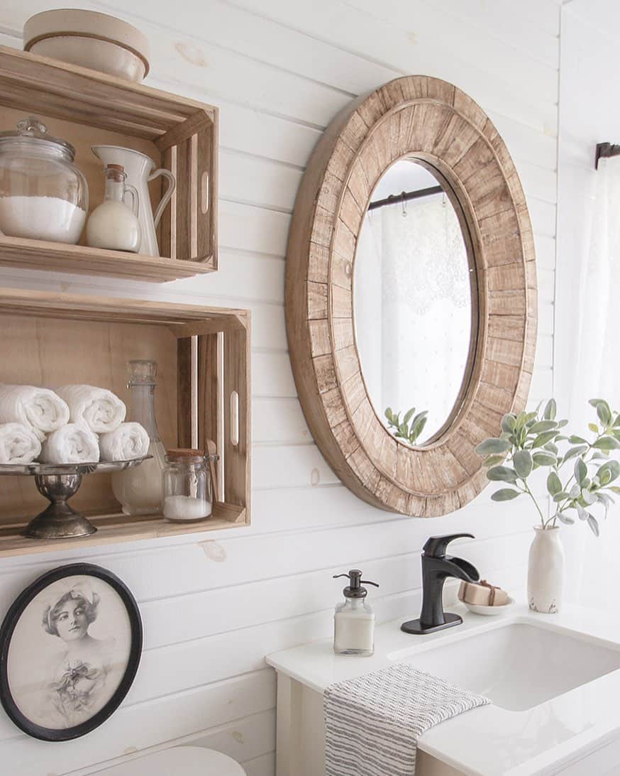 Wooden Crate Shelving Adds Rustic Charm to Bathroom Walls