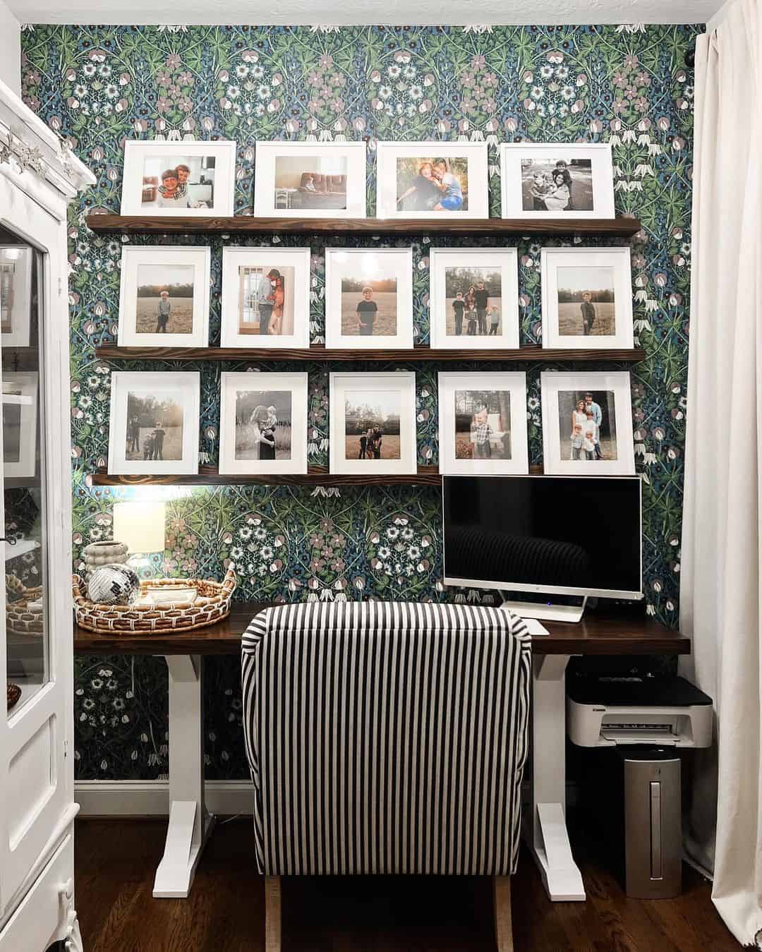 Floating Wood Shelves Display a Gallery of Framed Family Photos