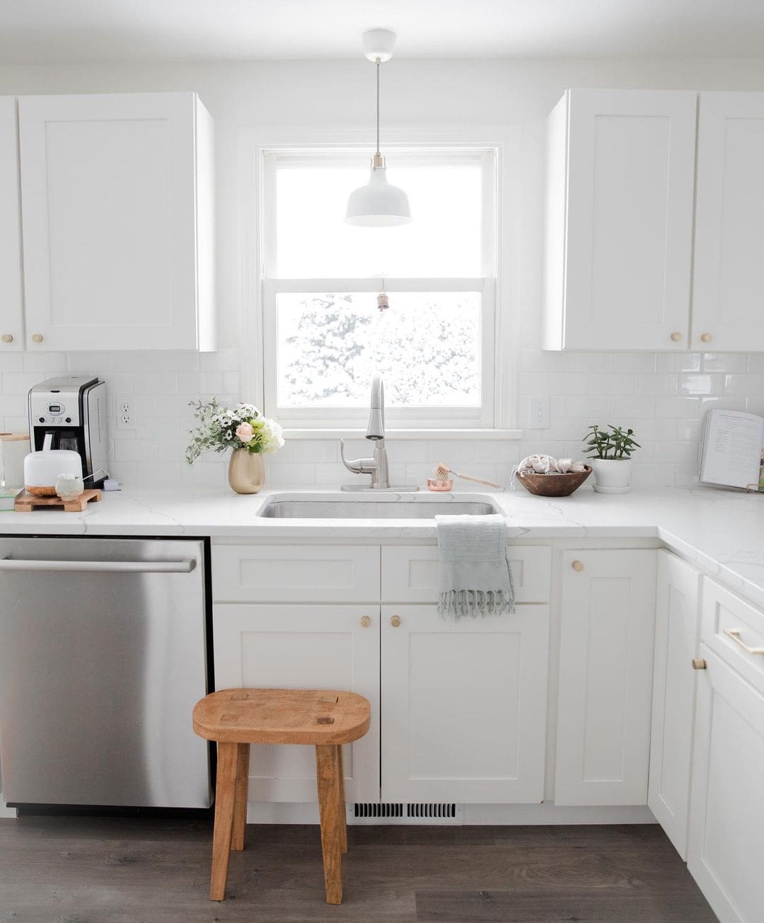 Wooden Stool Adds Rustic Seating Next to the Sink