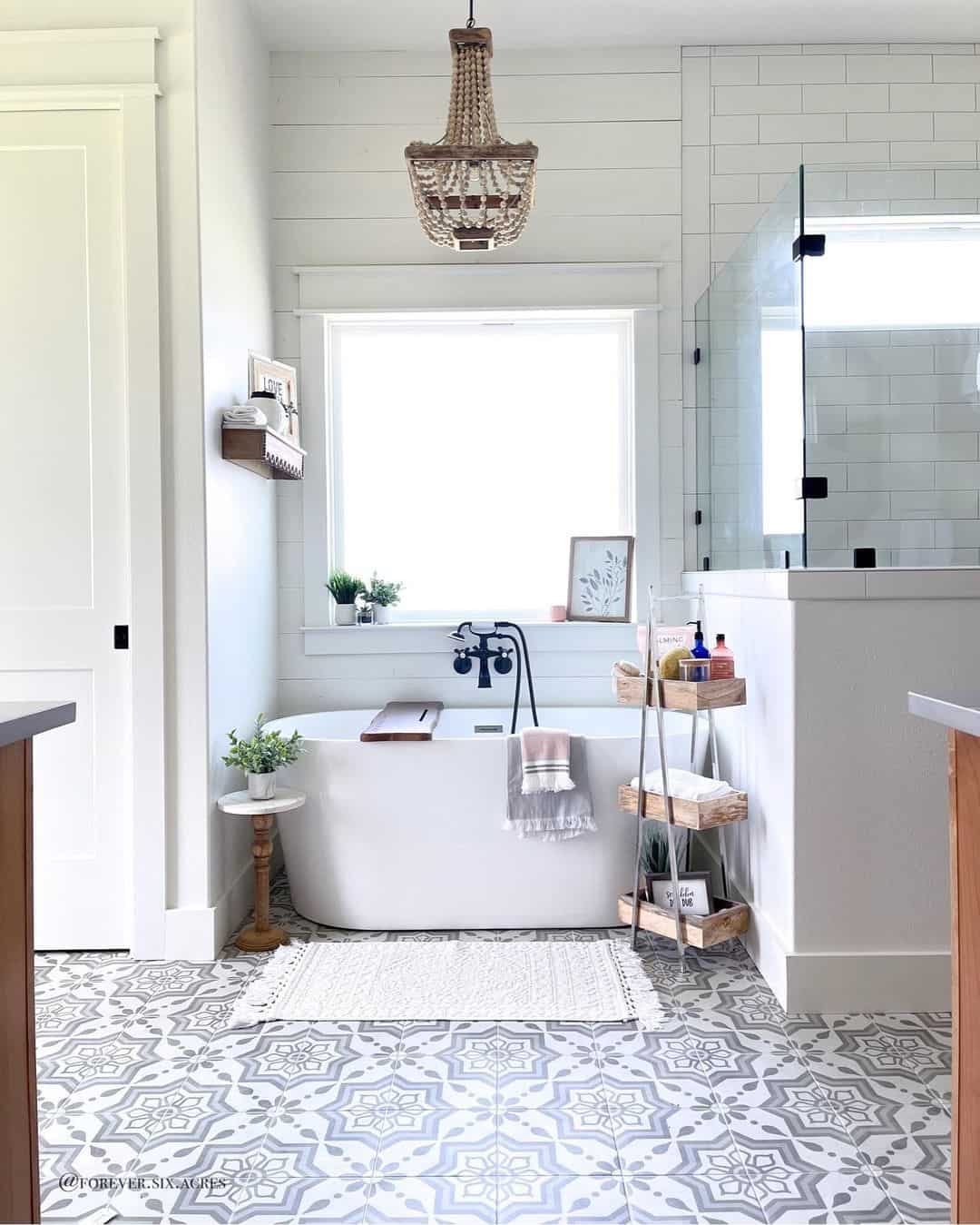 Tiered Wooden Shelves Hold Bath Essentials and Linens