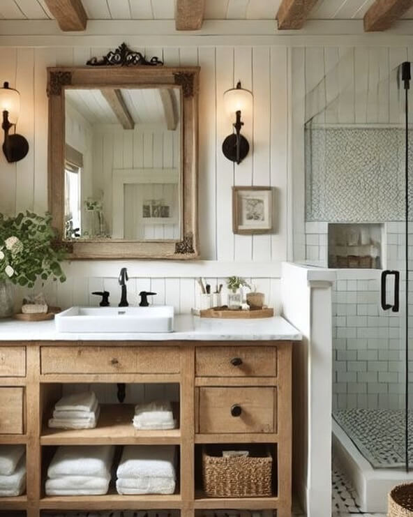 Wooden Vanity with Open Shelving Displays Rolled Towels