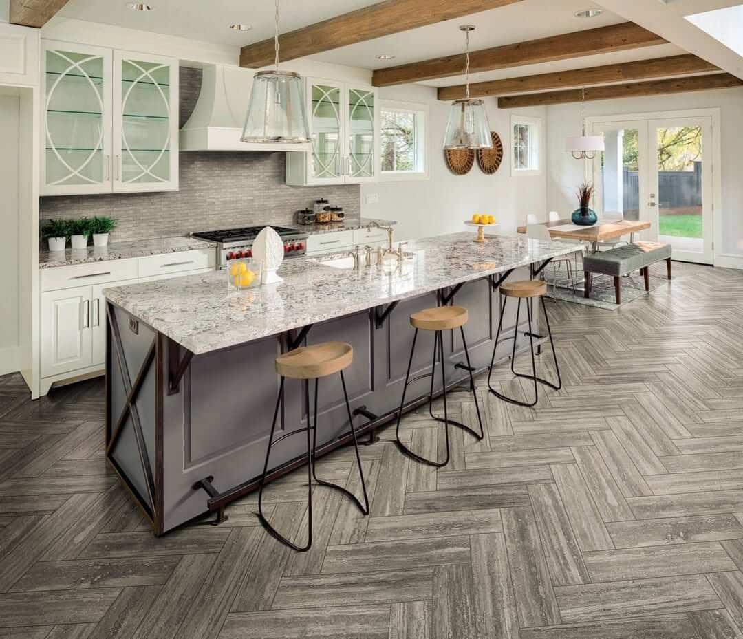 Herringbone Wood-Look Tile Flooring Creates a Textured Foundation