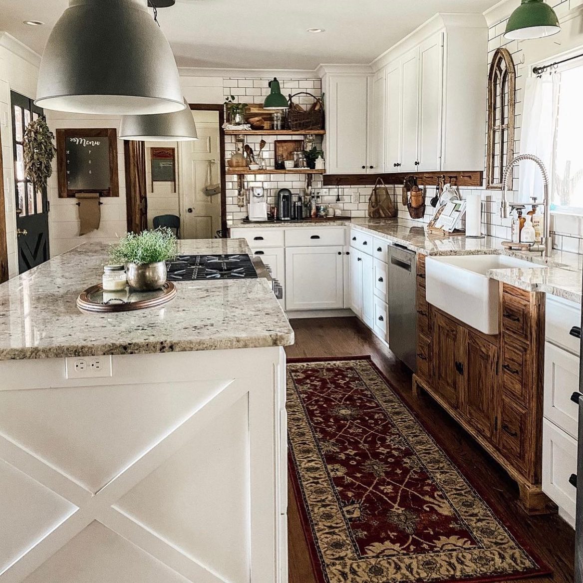 Wooden Farmhouse Sink Cabinet Adds Warmth to White Kitchen