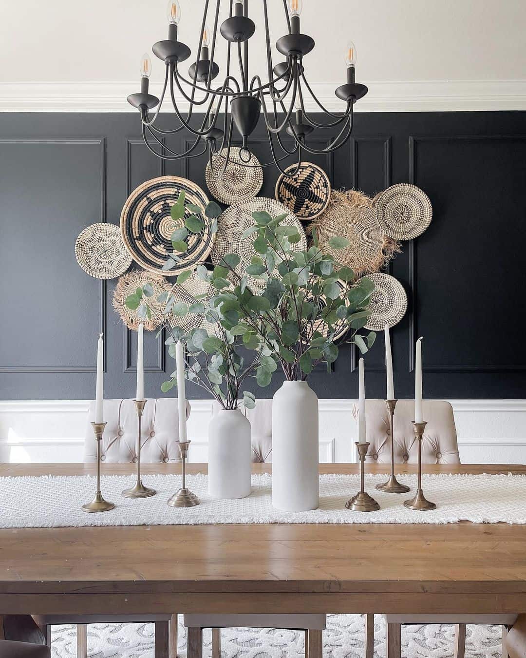 Woven Basket Wall Art Adds Textured Interest Above Dining Table
