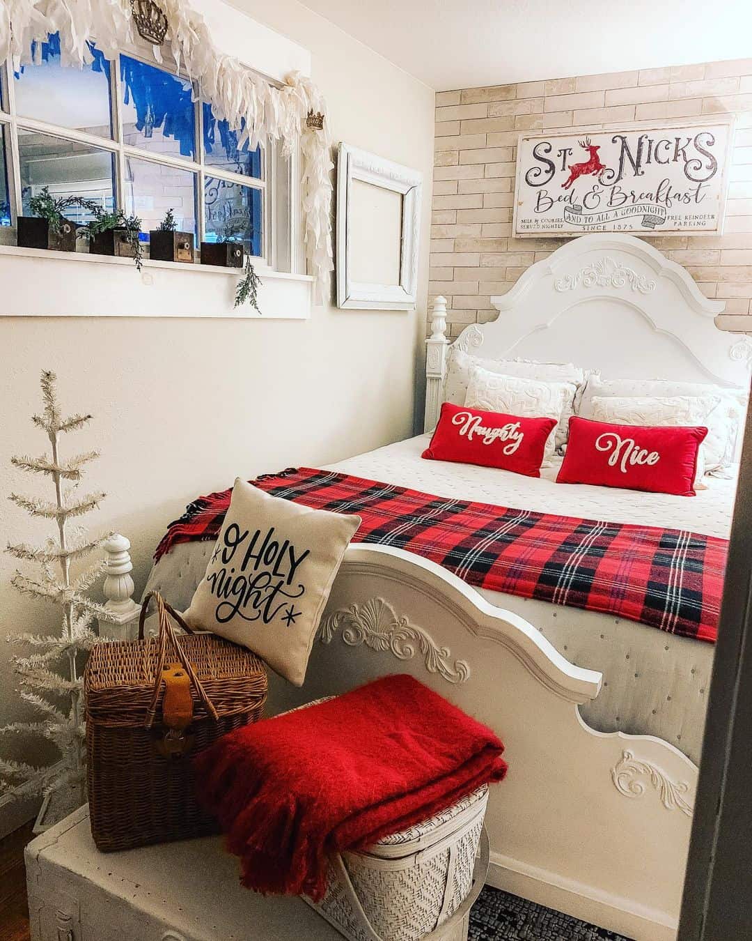 Festive Throw Pillows Add Holiday Cheer to a Farmhouse Bed