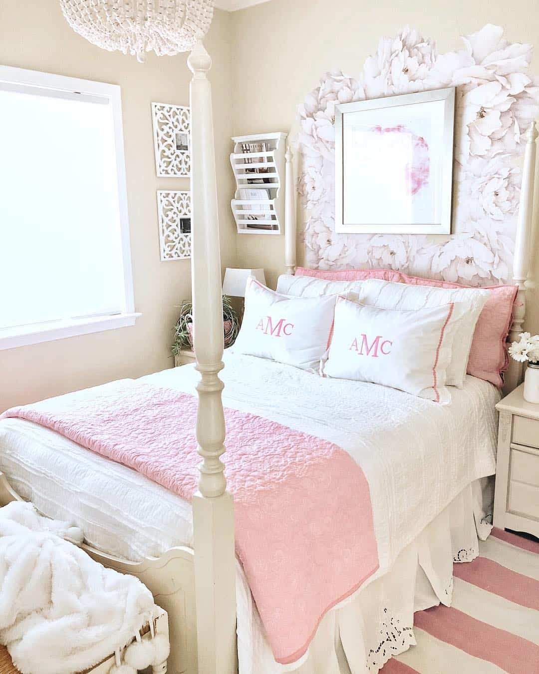 Oversized Peony Wall Decal Frames a Bed