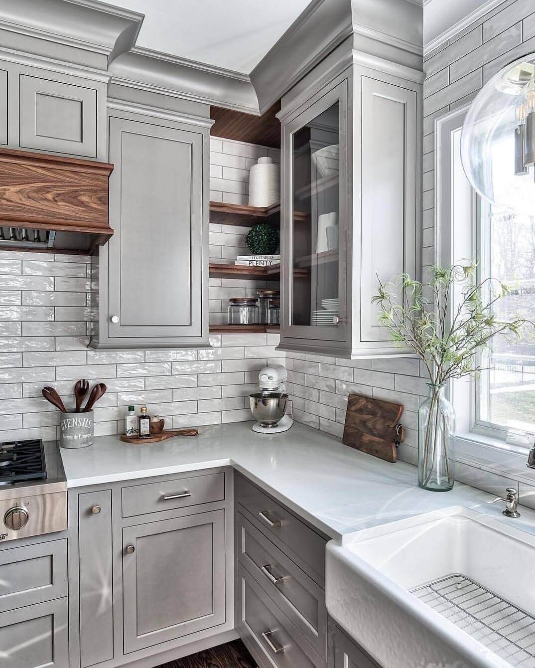 Gray Cabinets with Wood Accents and Subway Tile