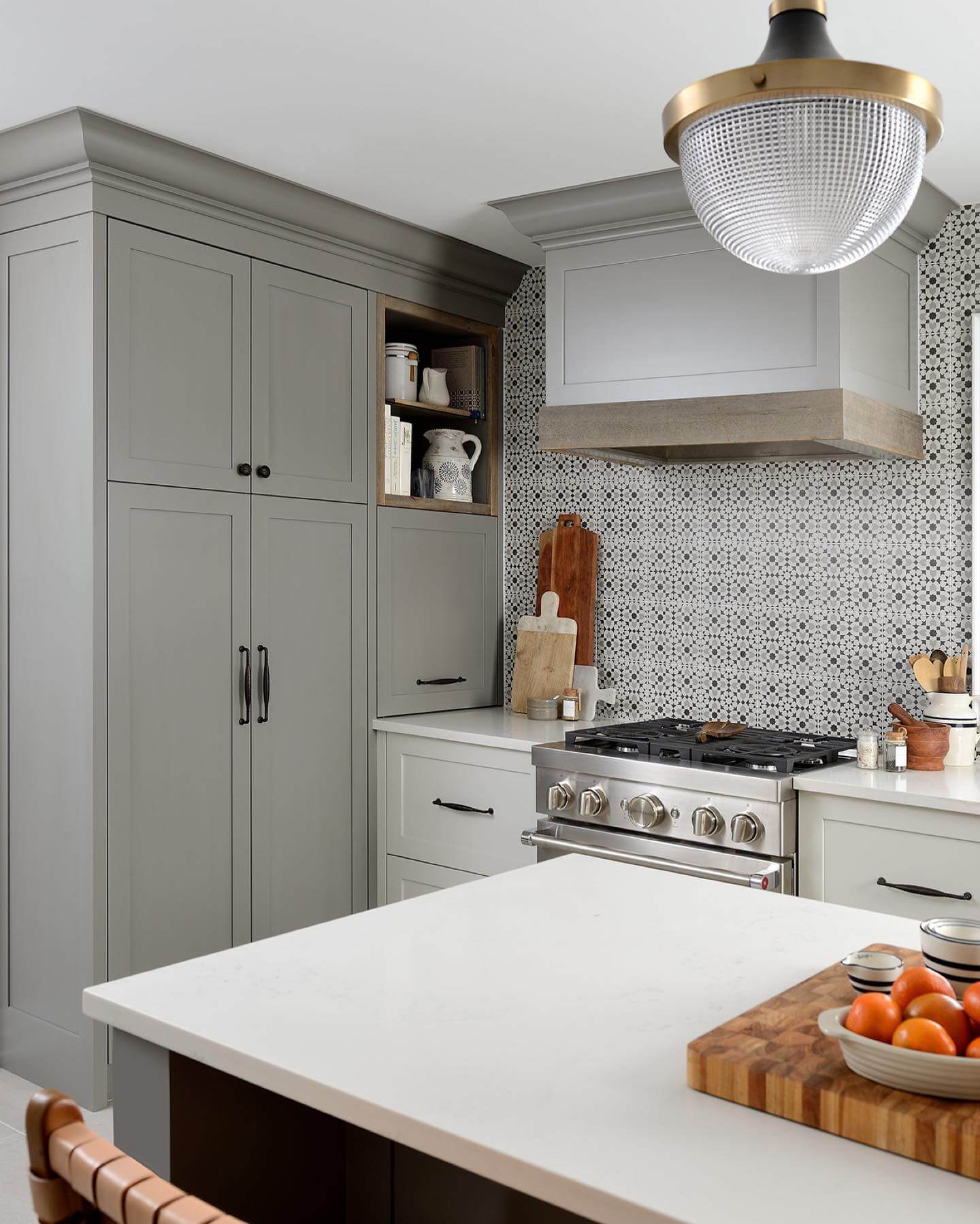 Gray Shaker Cabinets with Open Wood Shelving
