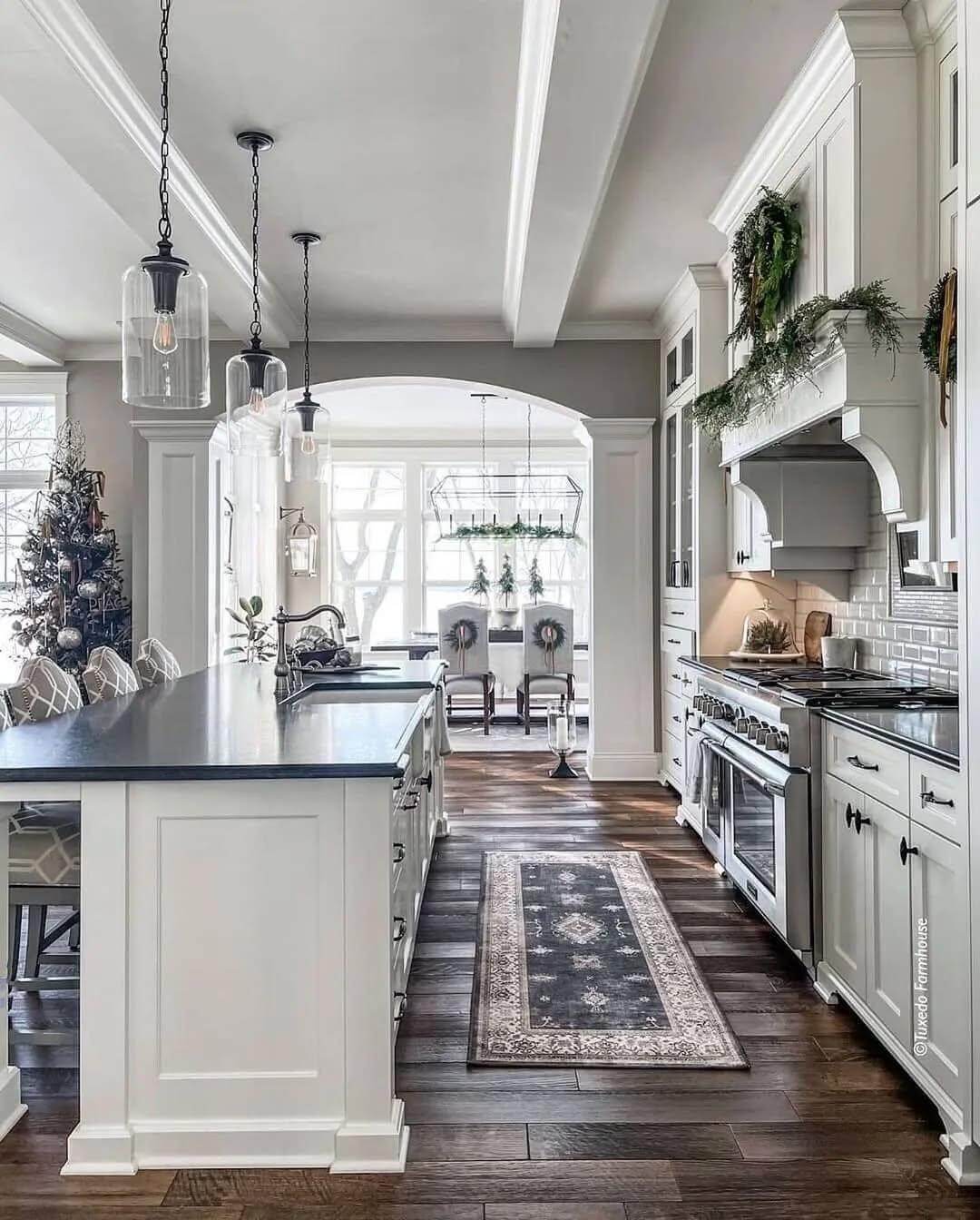 White Arched Range Hood with Evergreen Garland