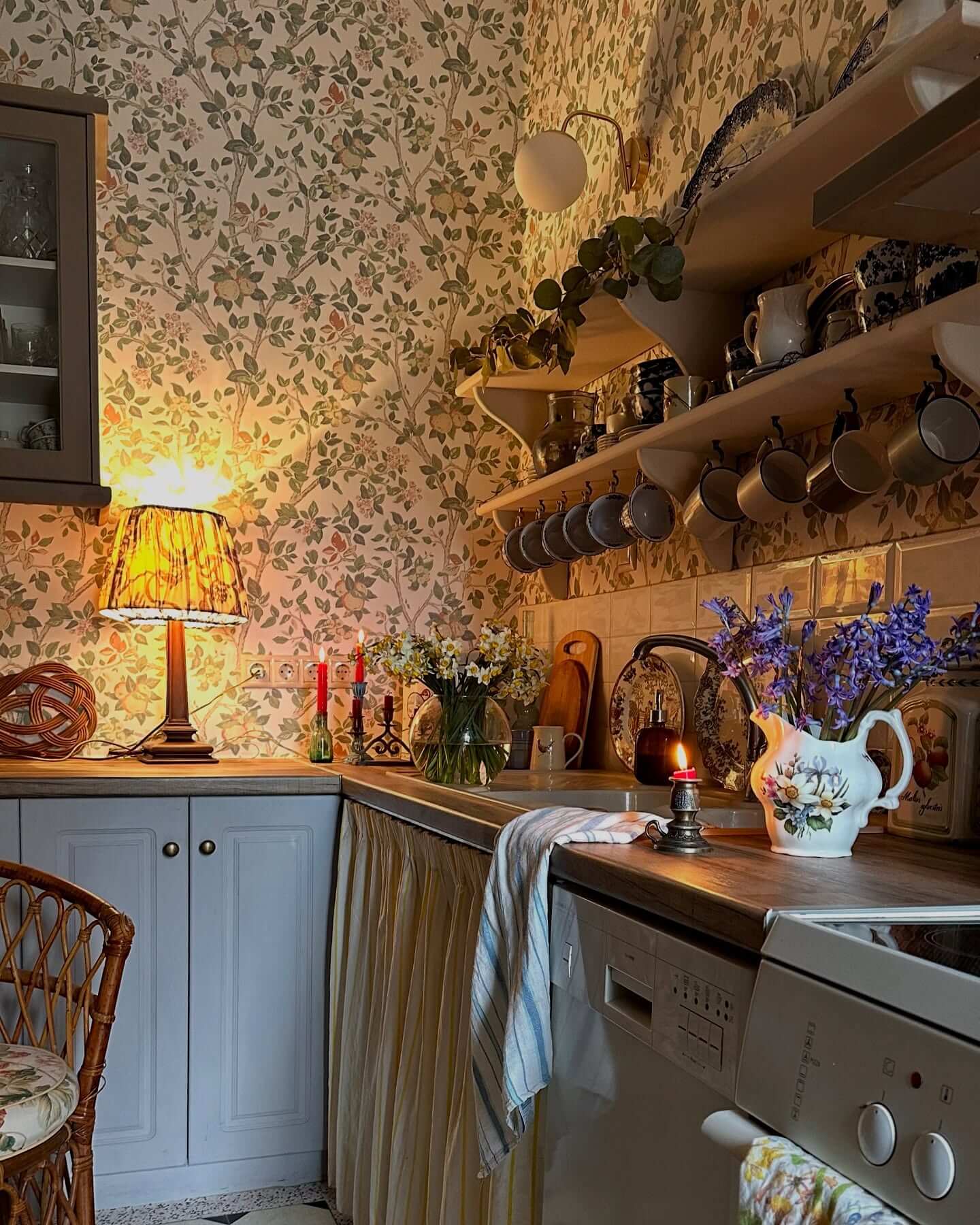 Floral Wallpaper Behind Open Shelves