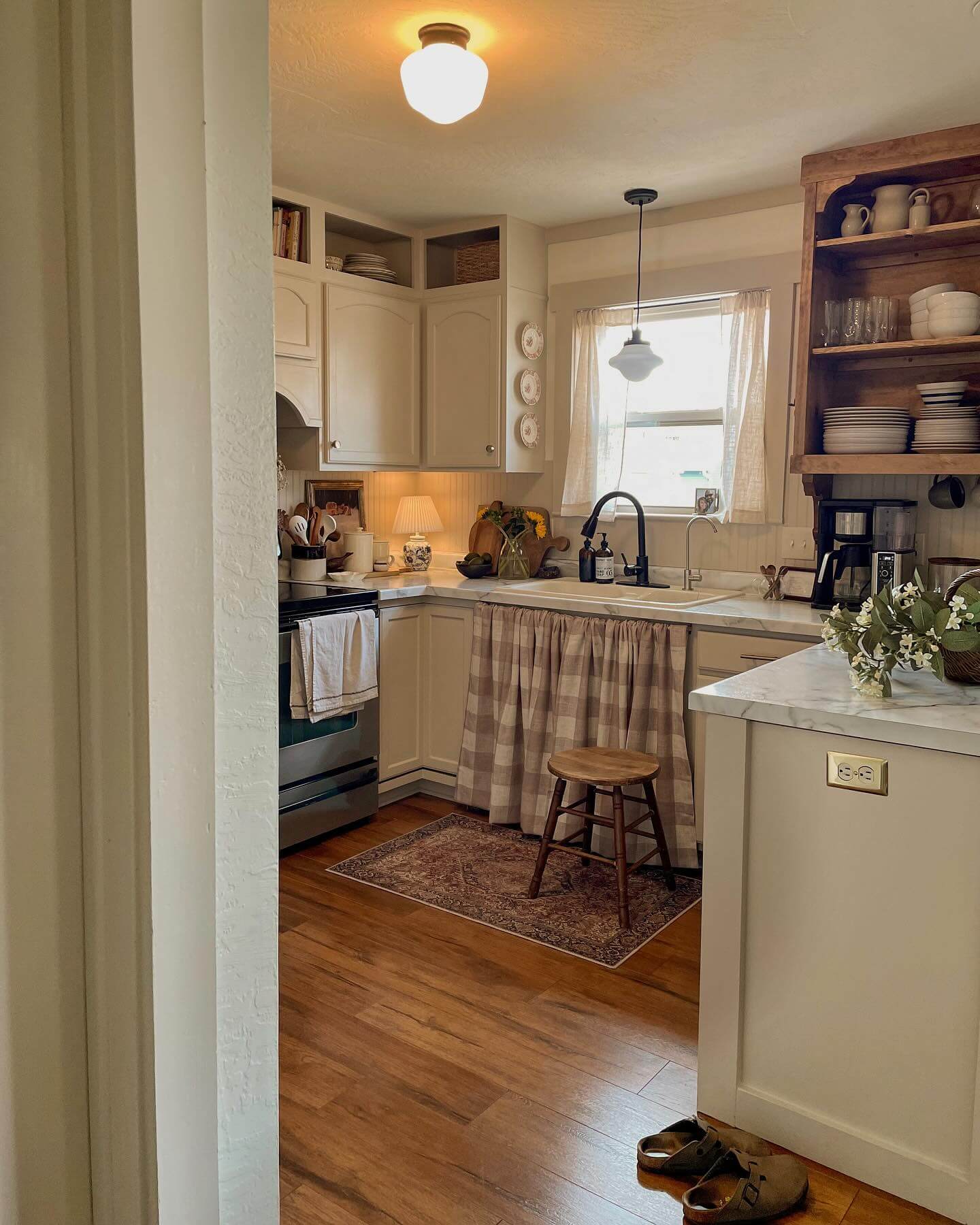 Checkered Curtain Hides Sink Clutter