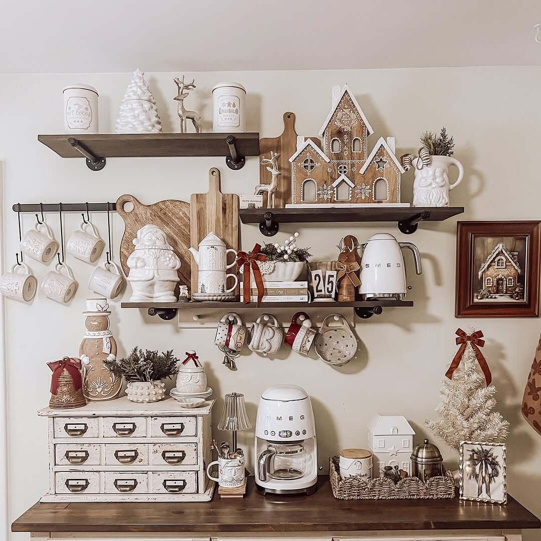 Wooden tiered display holds festive holiday mugs