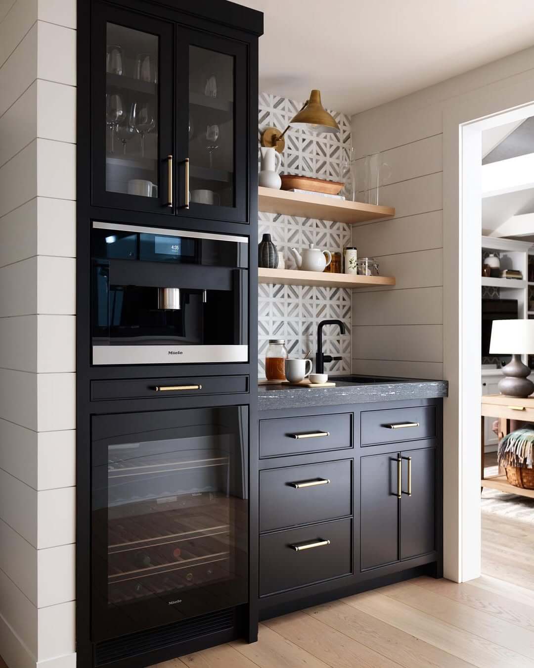 Graphic Tile Backsplash Adds Pattern Behind the Coffee Bar