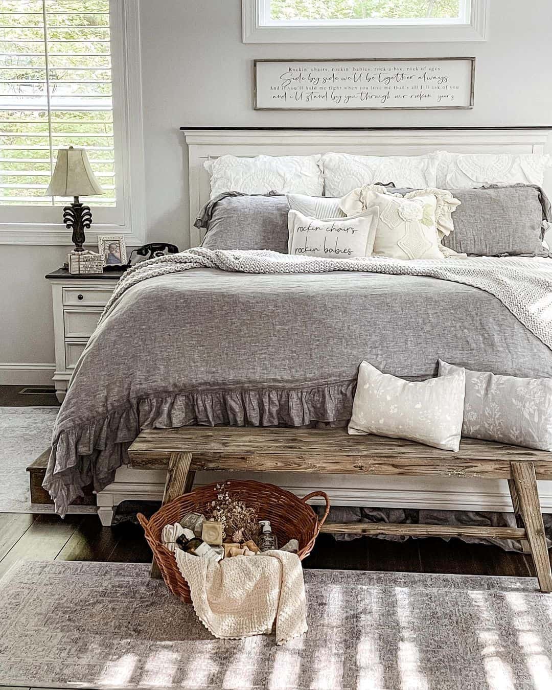 Rustic Wooden Bench With A Woven Basket For Storing Toiletries